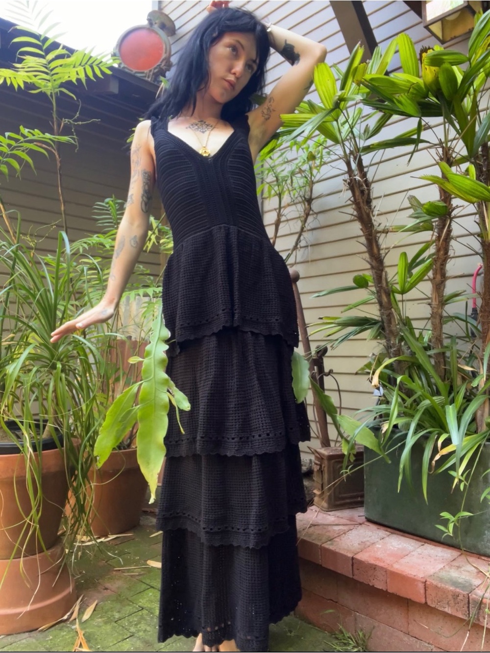 FARM Rio Black Tiered Crochet Knit Sweater Dress Midi Maxi